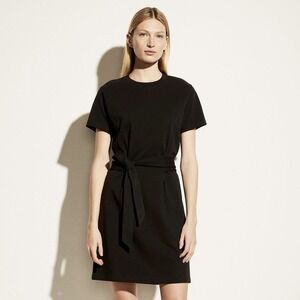 Vince Black Short Sleeve Tie Waist Dress Size XS Cotton Casual Neutral Crew Neck